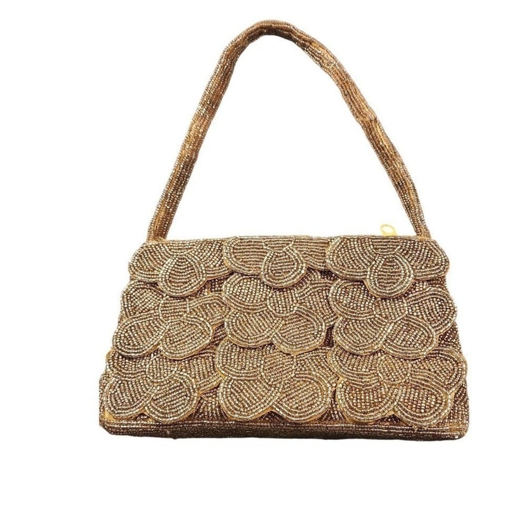 Vintage Carlo Fellini Shoulder Bag Womens Small Gold Beaded Satin Evening Formal